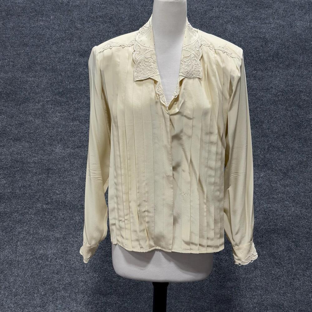 Paul Alexander Blouse Womens 10 White Silk Beaded Embroidered Pleated Collar Top